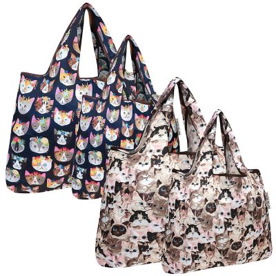 Wrapables Large & Small Foldable Tote Nylon Reusable Grocery Bags, Set of 4, Crazy & Cuddly Cats Image 1