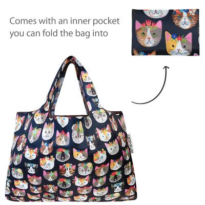 Wrapables Large & Small Foldable Tote Nylon Reusable Grocery Bags, Set of 4, Crazy & Cuddly Cats Image 3