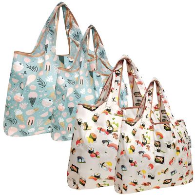 Wrapables Large & Small Foldable Tote Nylon Reusable Grocery Bags, Set of 4, Ice Cream & Sushi Image 1