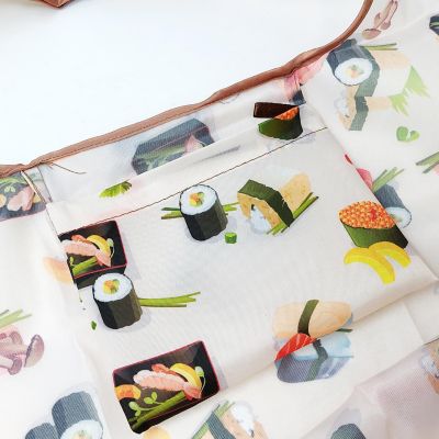 Wrapables Large & Small Foldable Tote Nylon Reusable Grocery Bags, Set of 4, Ice Cream & Sushi Image 2