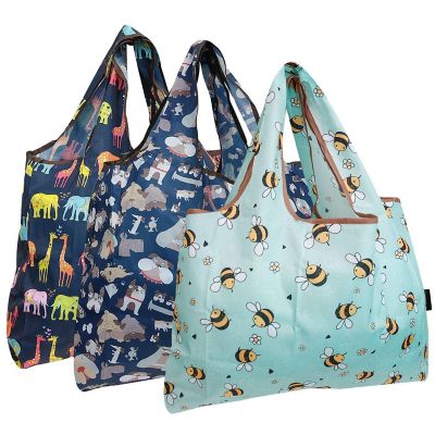 Wrapables Large Foldable Tote Nylon Reusable Grocery Bag, 3 Pack, Animal Fun Image 1