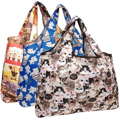 Wrapables Large Foldable Tote Nylon Reusable Grocery Bag, 3 Pack, Kitties & Puppies Image 1