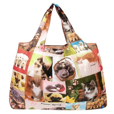 Wrapables Large Foldable Tote Nylon Reusable Grocery Bag, 3 Pack, Kitties & Puppies Image 3
