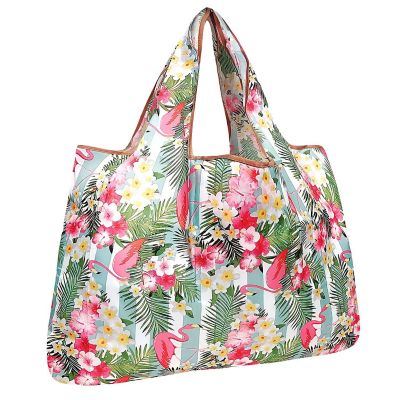 Wrapables Large Foldable Tote Nylon Reusable Grocery Bag, Flamingos & Tropical Flowers Image 1
