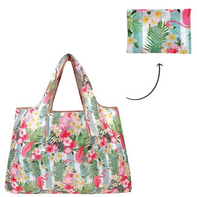 Wrapables Large Foldable Tote Nylon Reusable Grocery Bag, Flamingos & Tropical Flowers Image 2