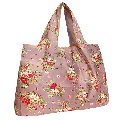 Wrapables Large Foldable Tote Nylon Reusable Grocery Bag, Yellow and Pink Roses Image 1