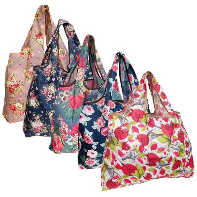 Wrapables Large Foldable Tote Nylon Reusable Grocery Bags, 5 Pack, Assorted Floral Image 1