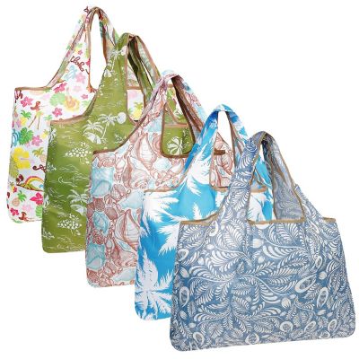Wrapables Large Foldable Tote Nylon Reusable Grocery Bags, 5 Pack, Carefree Paradise Image 1