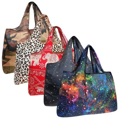 Wrapables Large Foldable Tote Nylon Reusable Grocery Bags, 5 Pack, Exotic Space Image 1