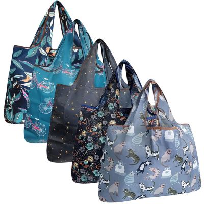 Wrapables Large Foldable Tote Nylon Reusable Grocery Bags, 5 Pack, Nighttime Adventures Image 1