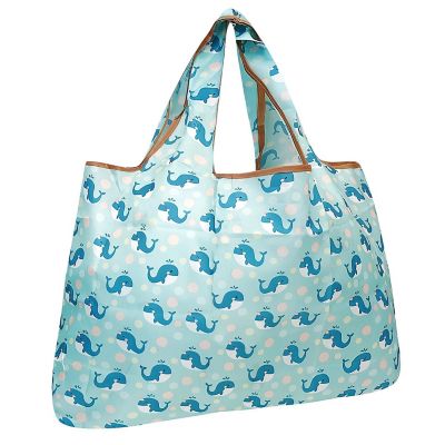 Wrapables Large Foldable Tote Nylon Reusable Grocery Bags, Blue Whales Image 1