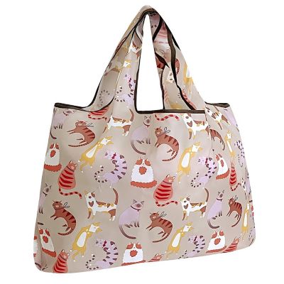 Wrapables Large Foldable Tote Nylon Reusable Grocery Bags, Neutral Felines Image 1