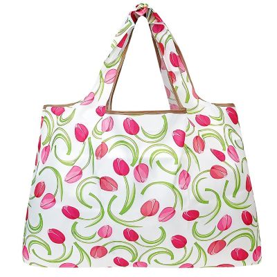 Wrapables Large Foldable Tote Nylon Reusable Grocery Bags, Pink Tulips Image 1