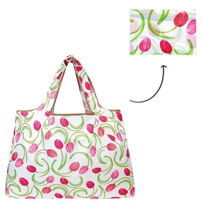 Wrapables Large Foldable Tote Nylon Reusable Grocery Bags, Pink Tulips Image 2