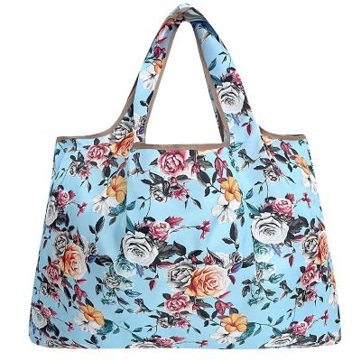 Wrapables Large Foldable Tote Nylon Reusable Grocery Bags, Roses on Blue Image 1