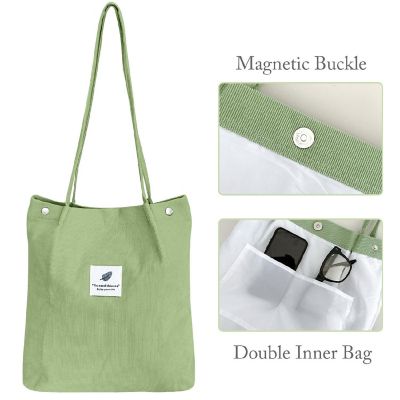 Wrapables Light Green Corduroy Tote Bag, Casual Everyday Shoulder Handbag Image 2