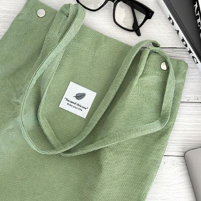 Wrapables Light Green Corduroy Tote Bag, Casual Everyday Shoulder Handbag Image 3