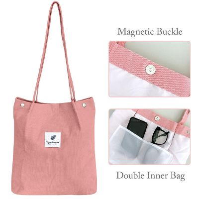Wrapables Light Pink Corduroy Tote Bag, Casual Everyday Shoulder Handbag Image 2