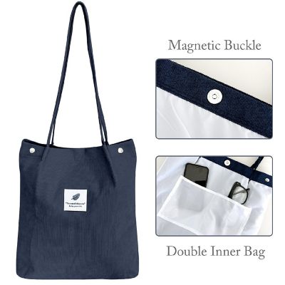 Wrapables Navy Corduroy Tote Bag, Casual Everyday Shoulder Handbag Image 2