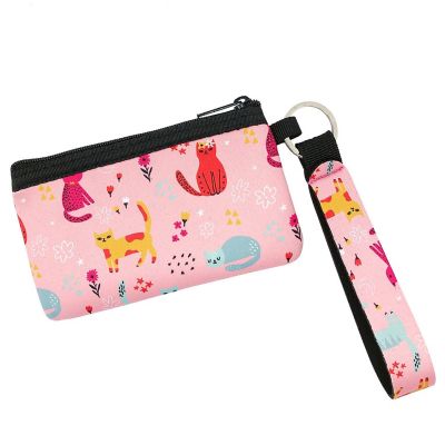 Wrapables Neoprene Mini Wristlet Wallet / Credit Card ID Holder with Lanyard, Pink Kitties Image 1