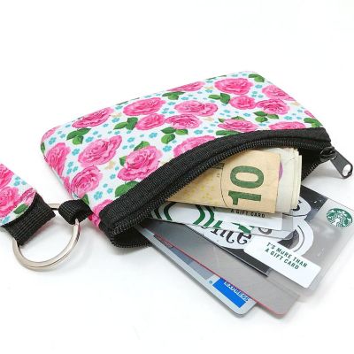 Wrapables Neoprene Mini Wristlet Wallet / Credit Card ID Holder with Lanyard, Pink Roses Image 2