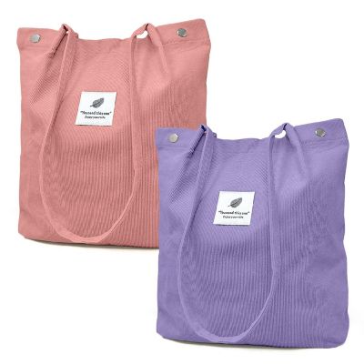 Wrapables Pink/Purple Corduroy Tote Bag, Casual Everyday Shoulder Handbag, 2pcs Image 1