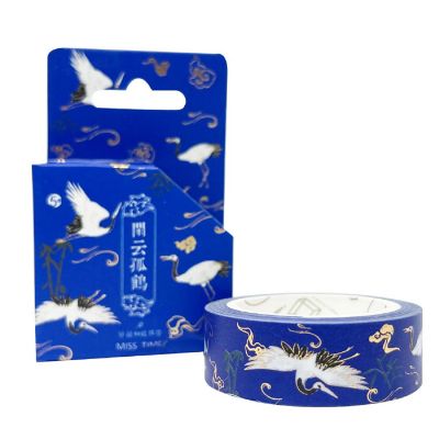 Wrapables Poetic Picturesque 15mm x 5M Gold Foil Washi Masking Tape, Cranes in Blue Image 3