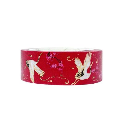 Wrapables Poetic Picturesque 15mm x 5M Gold Foil Washi Masking Tape, Cranes in Red Image 1