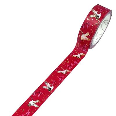 Wrapables Poetic Picturesque 15mm x 5M Gold Foil Washi Masking Tape, Cranes in Red Image 1