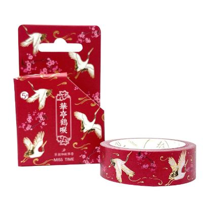 Wrapables Poetic Picturesque 15mm x 5M Gold Foil Washi Masking Tape, Cranes in Red Image 3