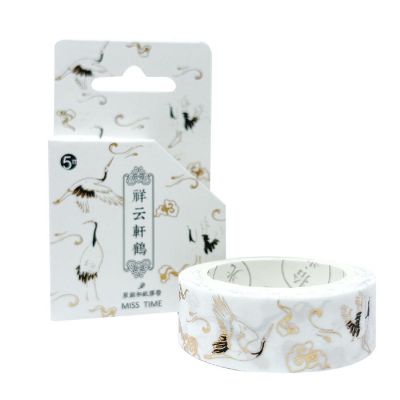 Wrapables Poetic Picturesque 15mm x 5M Gold Foil Washi Masking Tape, Cranes in White Image 3