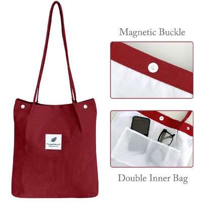 Wrapables Red Corduroy Tote Bag, Casual Everyday Shoulder Handbag Image 2