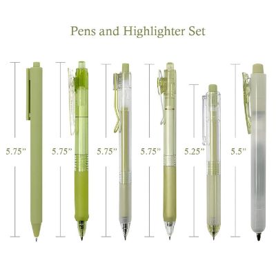 Wrapables Retractable Rollerball Pens and Highlighter Set, 0.5mm Black Gel Ink Pens (Set of 6), Green Image 1
