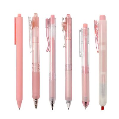 Wrapables Retractable Rollerball Pens and Highlighter Set, 0.5mm Black Gel Ink Pens (Set of 6), Pink Image 1