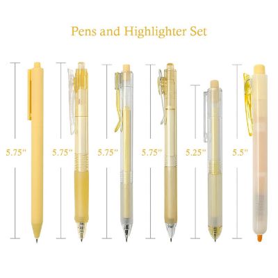 Wrapables Retractable Rollerball Pens and Highlighter Set, 0.5mm Black Gel Ink Pens (Set of 6), Yellow Image 1