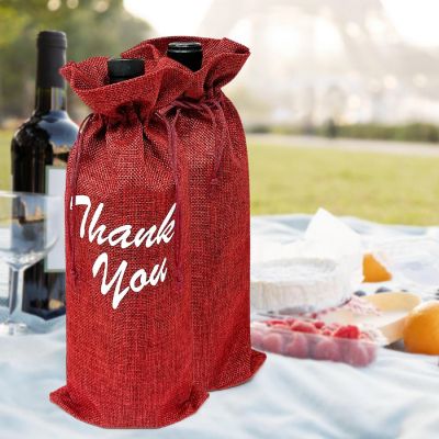 Wrapables Reusable Burlap Wine Bags, Rustic Gift Bags with Drawstring (Set of 8), Burgundy Image 3
