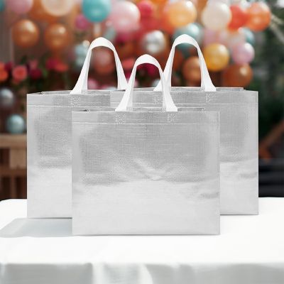 Wrapables Silver Glossy Non-Woven Reusable Gift Bags with Handles (Set of 8) Image 2