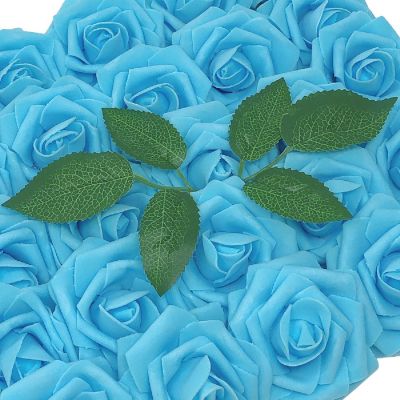 Wrapables Sky Blue Artificial Flowers, 50 Real Touch Latex Roses Image 1