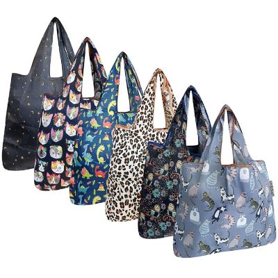 Wrapables Small Foldable Tote Nylon Reusable Grocery Bags (Set of 6), Owls, Cats, Dinos Image 1