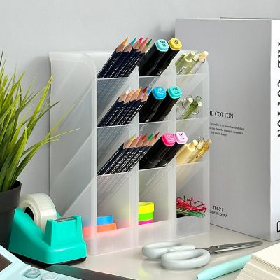 Wrapables Small Pen Organizer with 4 Compartments Desk Storage Organizer, (3pcs) / Clear Image 2