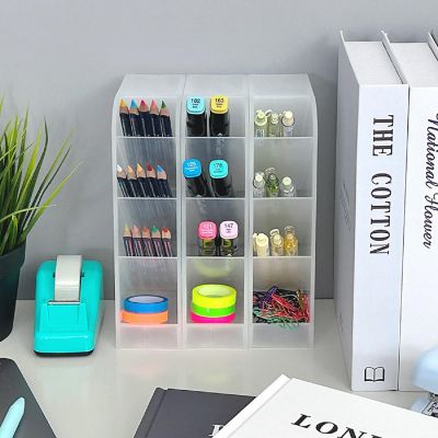 Wrapables Small Pen Organizer with 4 Compartments Desk Storage Organizer, (3pcs) / Clear Image 3