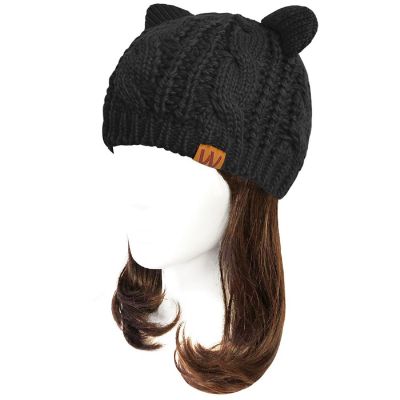 Wrapables Winter Warm Cable Knit Cat Ears Beanie, Black Image 1
