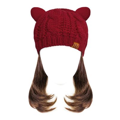 Wrapables Winter Warm Cable Knit Cat Ears Beanie, Burgundy Image 1