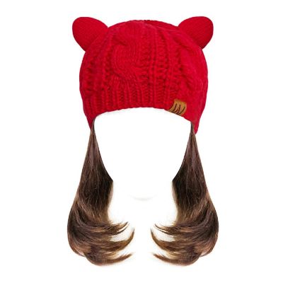 Wrapables Winter Warm Cable Knit Cat Ears Beanie, Red Image 1