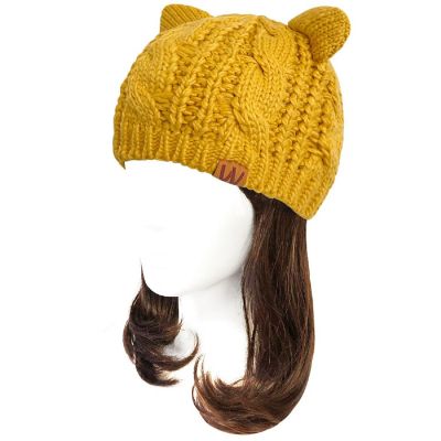 Wrapables Winter Warm Cable Knit Cat Ears Beanie, Yellow Image 1