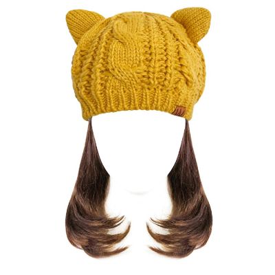 Wrapables Winter Warm Cable Knit Cat Ears Beanie, Yellow Image 1