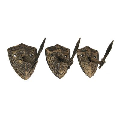 Zeckos Cast Iron Bronze Sword & Shield Decorative Wall Hooks Towel Hanging Key Holder Set of 3 Image 1