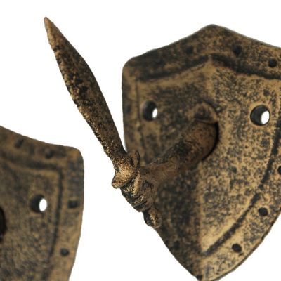 Zeckos Cast Iron Bronze Sword & Shield Decorative Wall Hooks Towel Hanging Key Holder Set of 3 Image 2