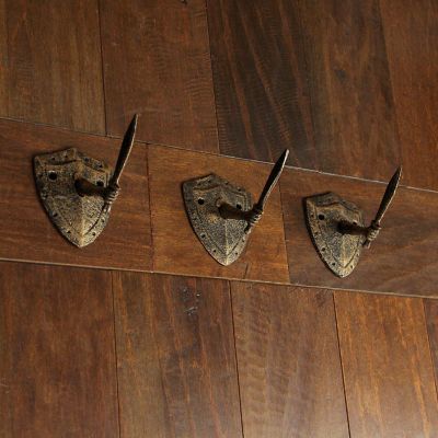 Zeckos Cast Iron Bronze Sword & Shield Decorative Wall Hooks Towel Hanging Key Holder Set of 3 Image 3