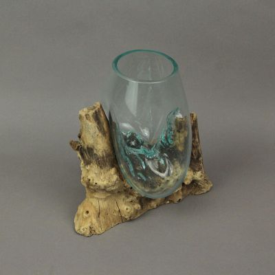 Zeckos Glass On Teak Driftwood Hand Sculpted Molten Bowl/Plant Terrarium Image 2